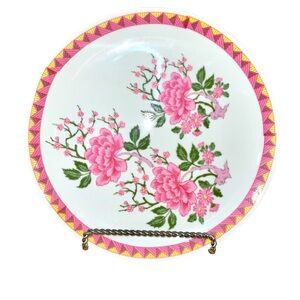 Vintage Mingei Porcelain Handcrafted 10.25” Beautiful Vibrant Pink Floral Plate